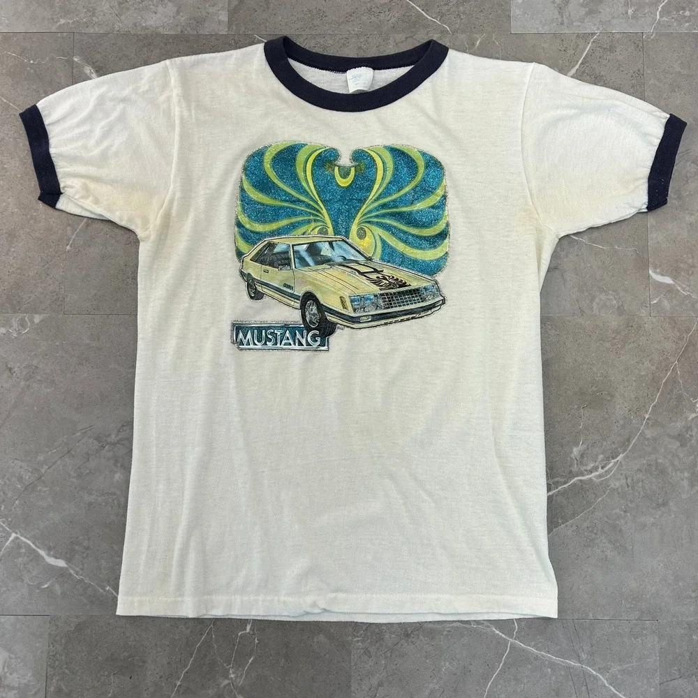 70s Vintage Ford Mustang Graphic Ringer Tee Mens Medium Short Sleeve Car Shirt
